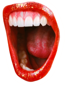 Foto van een enthousiast schreeuwende mond met rode glitter lippenstift