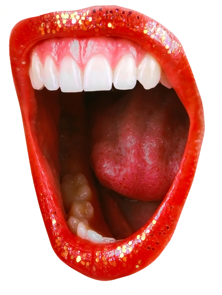 Foto van een enthousiast schreeuwende mond met rode glitter lippenstift